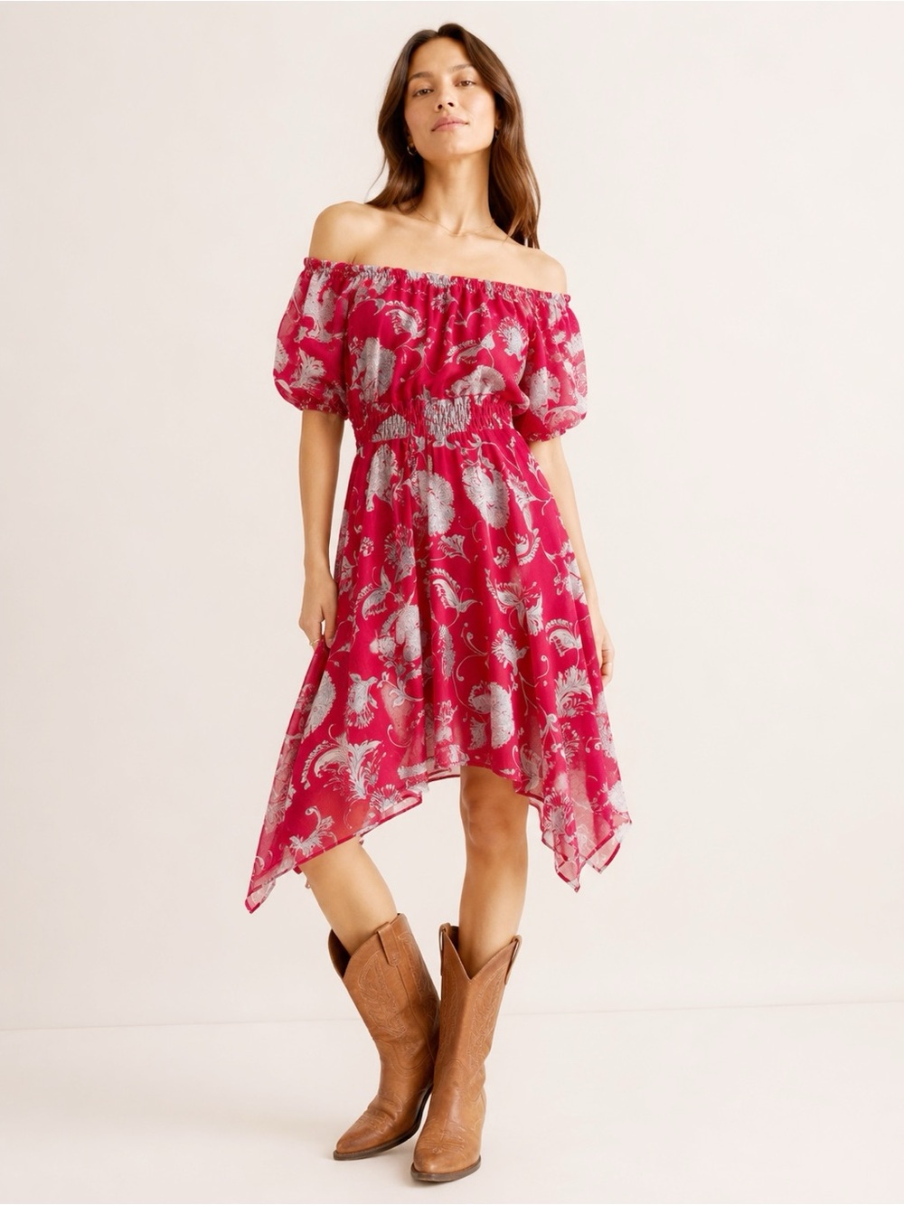 Tommy Hilfiger Woman Red Floral Chiffon Off-Shoulder Dress US4 Romantic Fairy